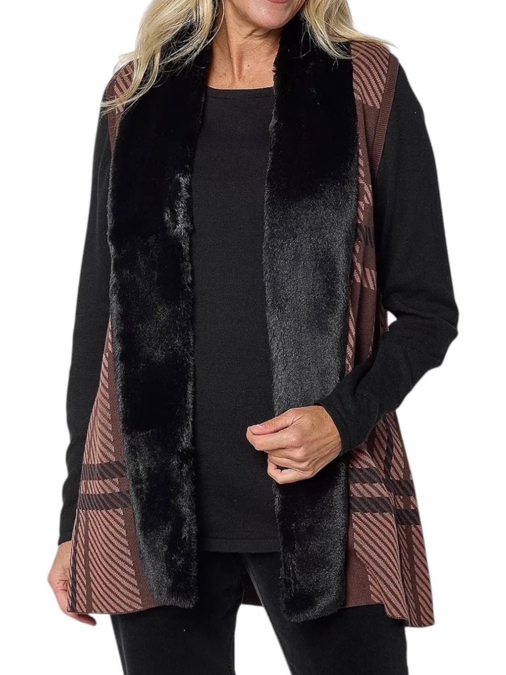Denim&Co Brown Plaid Sleeveless Vest with Black Faux Fur Trim Western look